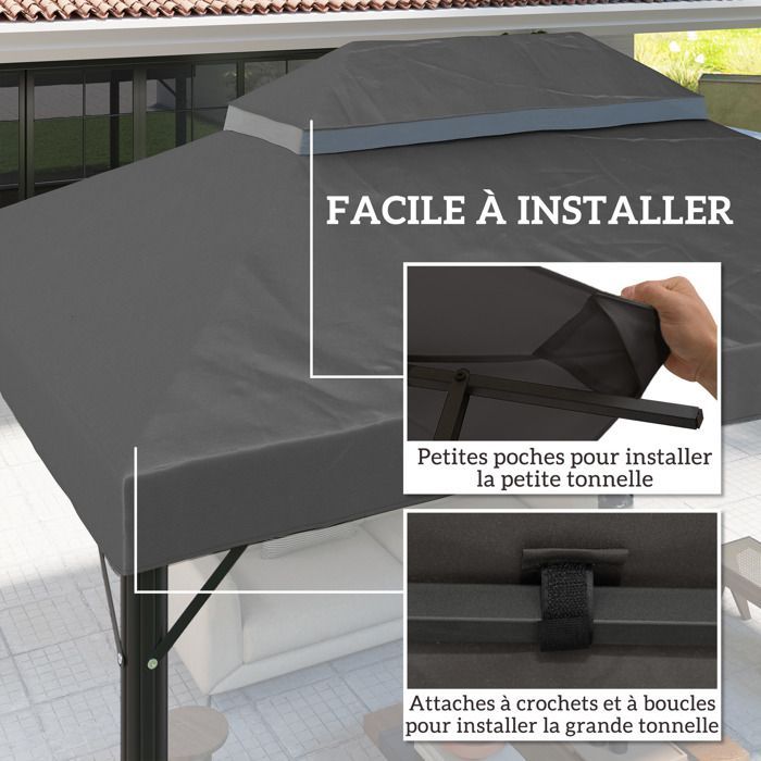 Toile de rechange pour pavillon toile de tonnelle 4 x 3 m - Outsunny - double toit avec trous de drainage, polyester 370 g/m² - gris