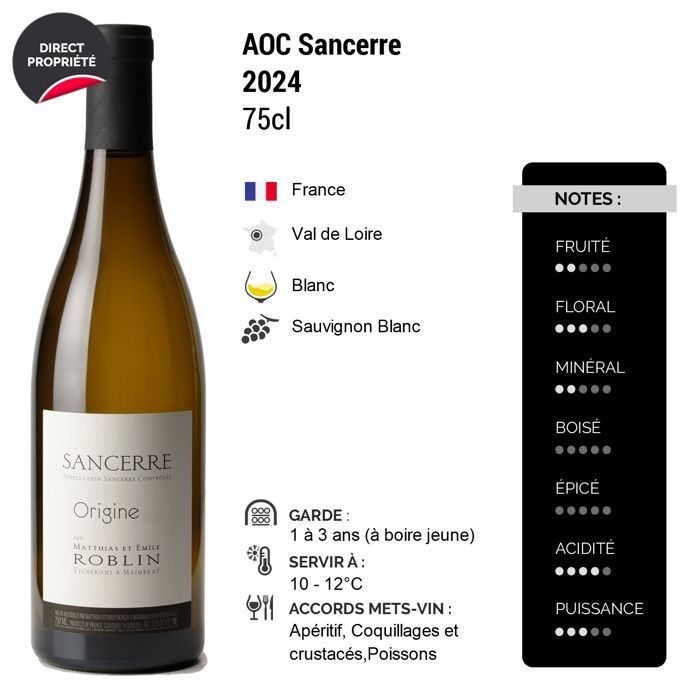 Domaine Matthias et Emile Roblin Sancerre Origine 2024 - Vino blanco del Valle del Loira (6x75cl).