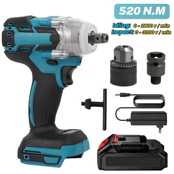 Llave de impacto inalámbrica sin escobillas, 520 Nm, 4200 rpm, adecuada para los sectores de bricolaje y construcción.