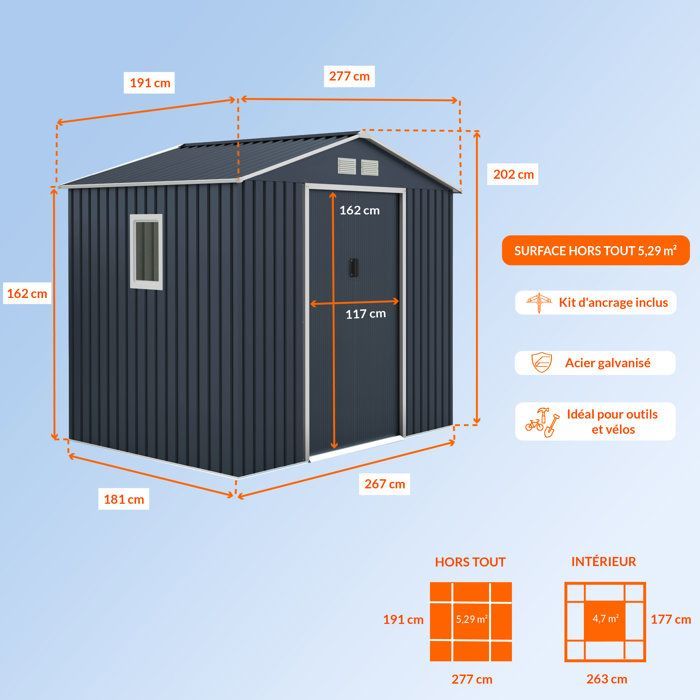 5,29 m² Metalen tuinschuur - 277 x 191 x 202 cm - VENUS Inclusief verankeringsset, 2 schuifdeuren, 1 zijraam Grijs