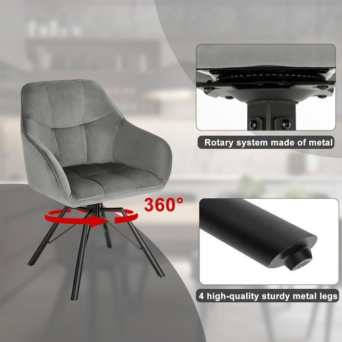 Silla giratoria WOLTU 360°, silla de comedor escandinava, silla de cocina de terciopelo, gris oscuro W0ATT0020-1