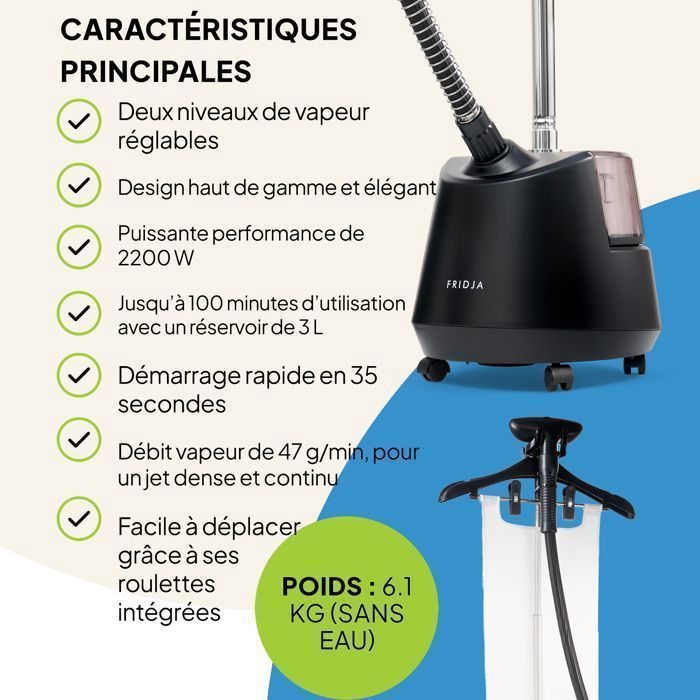 Fridja f1200 Pro 2200W Garment Steamer – 3L tank, telescopic pole, stainless steel soleplate, accessories