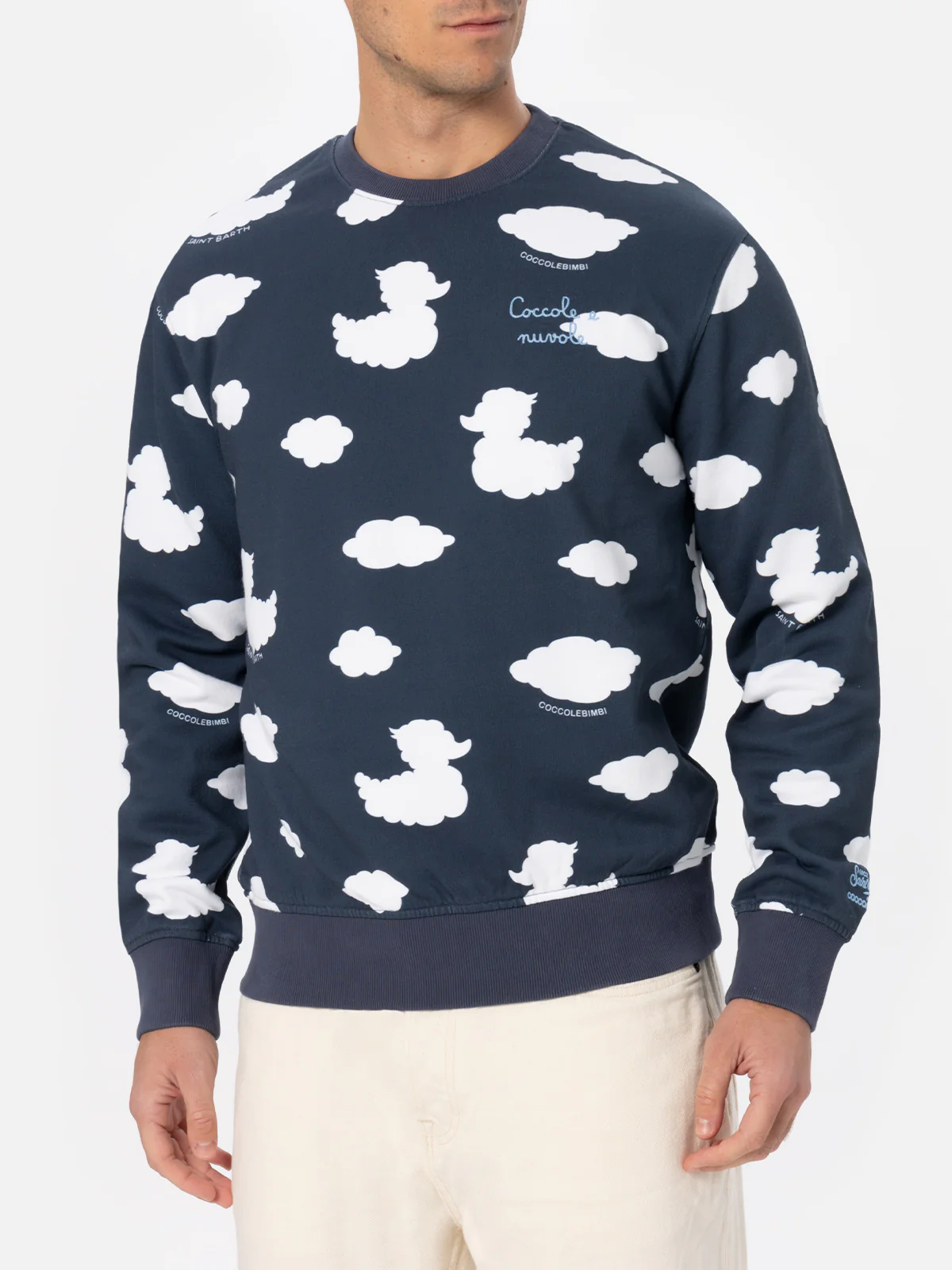 Blauwe sweater met ronde hals en geborduurde tekst 
