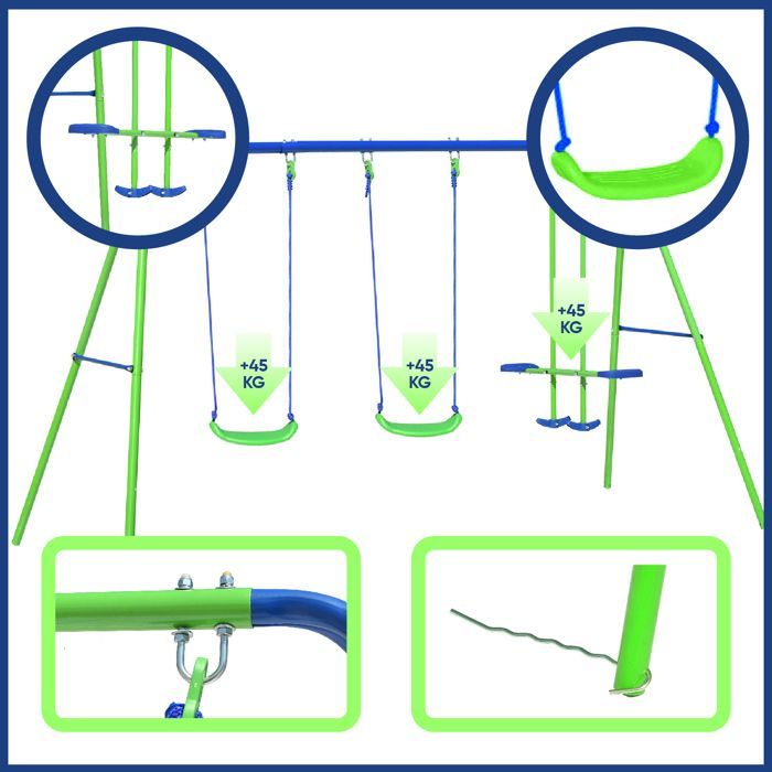 Outdoor Swing Set for Children 3+ Years Old, Double Metal Frame, Outdoor Toys, 280x140x180 cm, 45 kg Seat