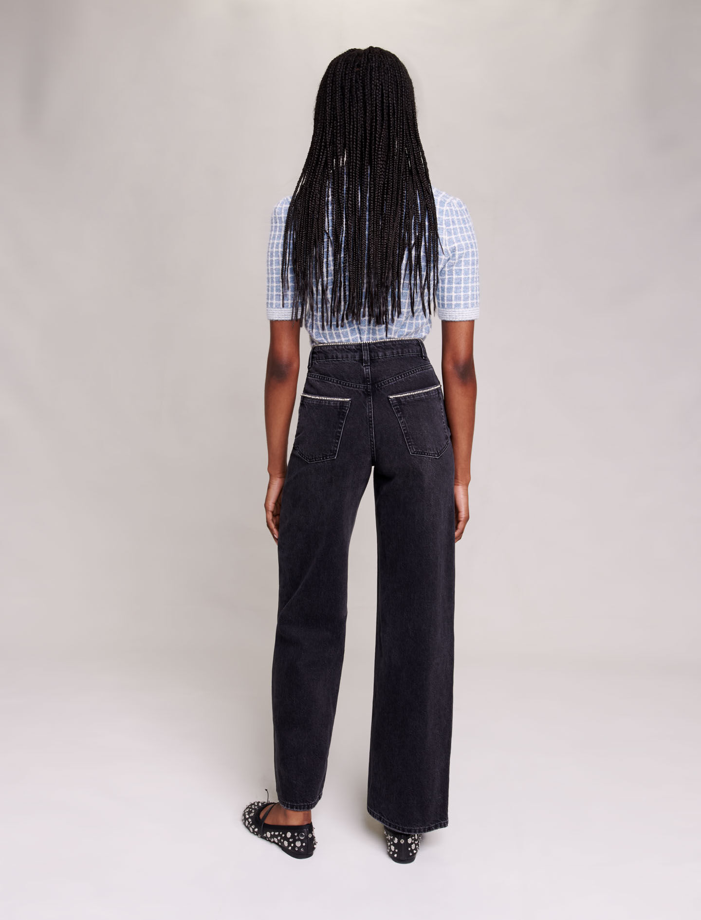 Jeans met wijde pijpen en strass-steentjes - Zwart