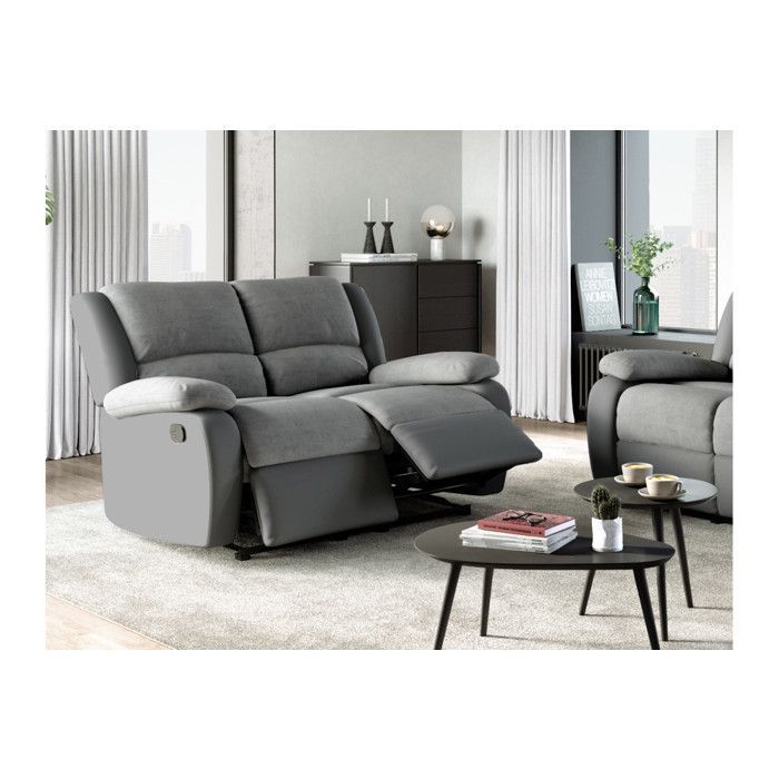 Sofá reclinable de 2 plazas LEO en microfibra y piel sintética - Gris - 143 x 93 x 96 cm - LOUNGITUDE