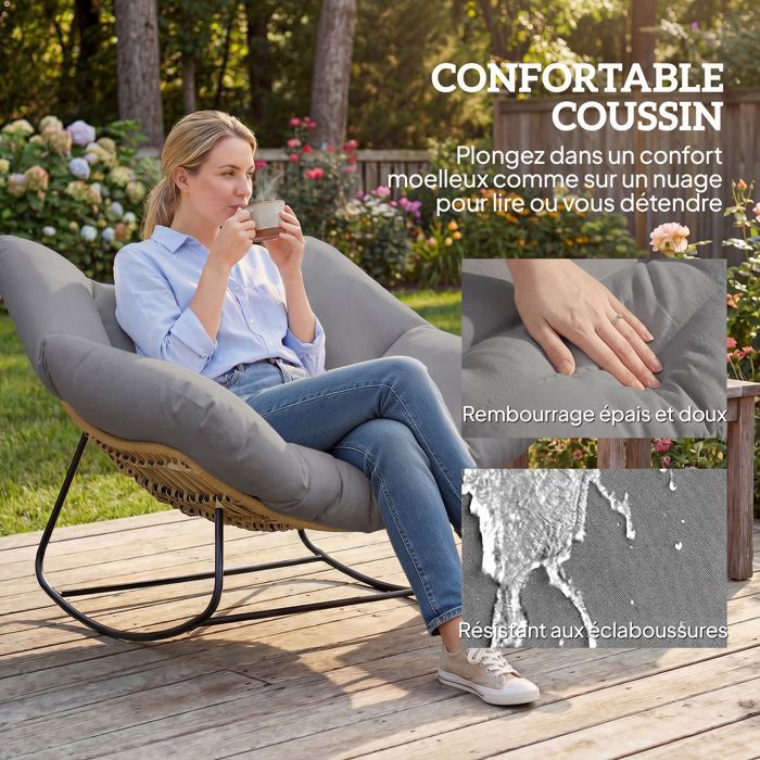 Sedia a dondolo Papasan - Outsunny - per interni ed esterni - con cuscino imbottito - rattan - grigio