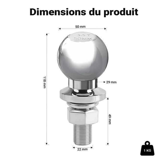Sfera di traino Wiltec da 50 mm 3,5 t in acciaio al carbonio con testa a sfera dritta da 50/22 mm per gancio di traino.