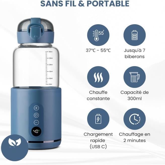 Calentador de agua portátil, calentador de agua portátil para leche de fórmula infantil con capacidad de 300 ml, calentador de biberones inalámbrico y portátil, fácil de transportar.