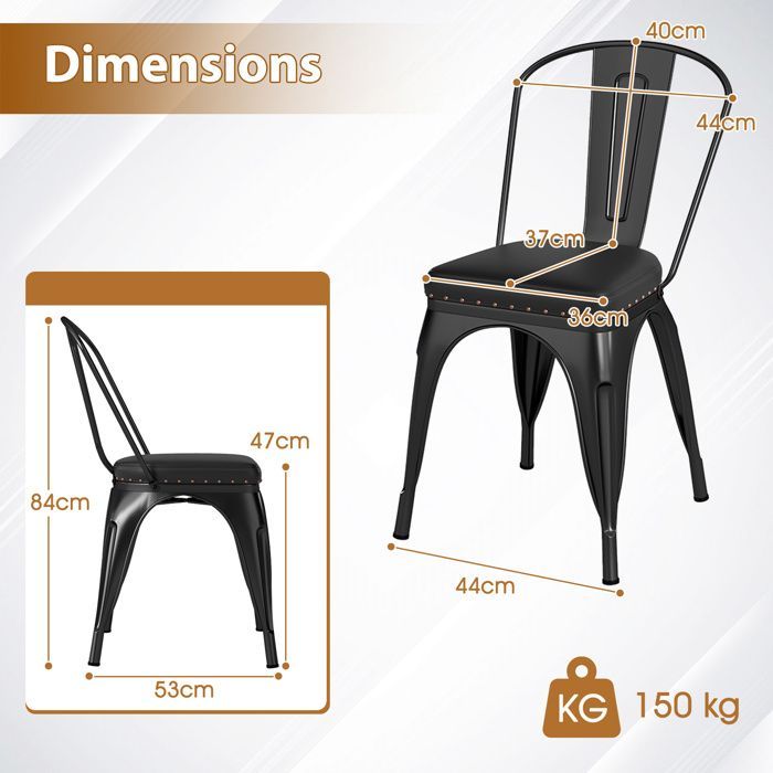 Lot 4 Chaises à Manger Empilables en Métal - COSTWAY - Dossier Amovible - Assise Rembourrée en Cuir Faux - 53 x 44 x 84 cm Noir