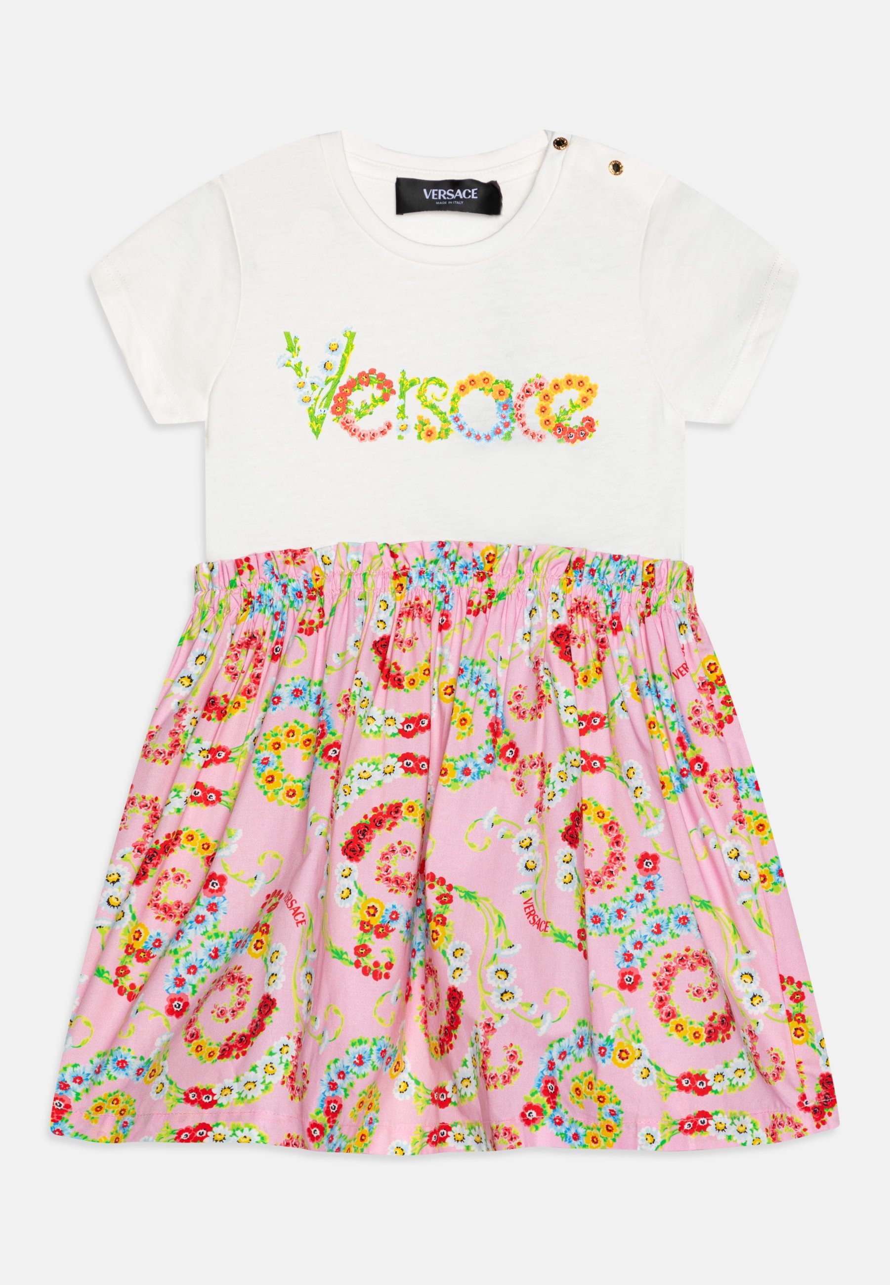 Versace jurk met bloemenprint en logo in barokstijl - Dagjurk - wit/roze/meerkleurig