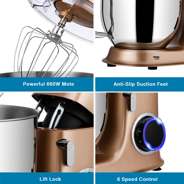 uhomepro 7.5 QT kuchyňský kuchyňský kuchyňský robot, 6+0+P rychlostí, naklápěcí hlava, 660W, hnětač těsta, domácí komerční míchání, elektrický kuchyňský hnětač na dorty s hnětacím hákem, šlehačem, metličkou na vejce, špachtlí, vhodný do myčky nádobí