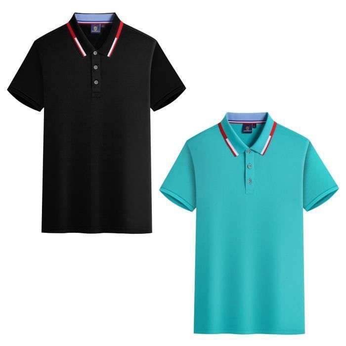 Set di 2 polo da uomo estive a maniche corte, eleganti, in tinta unita, casual, in tessuto traspirante e confortevole - Nero/Turchese