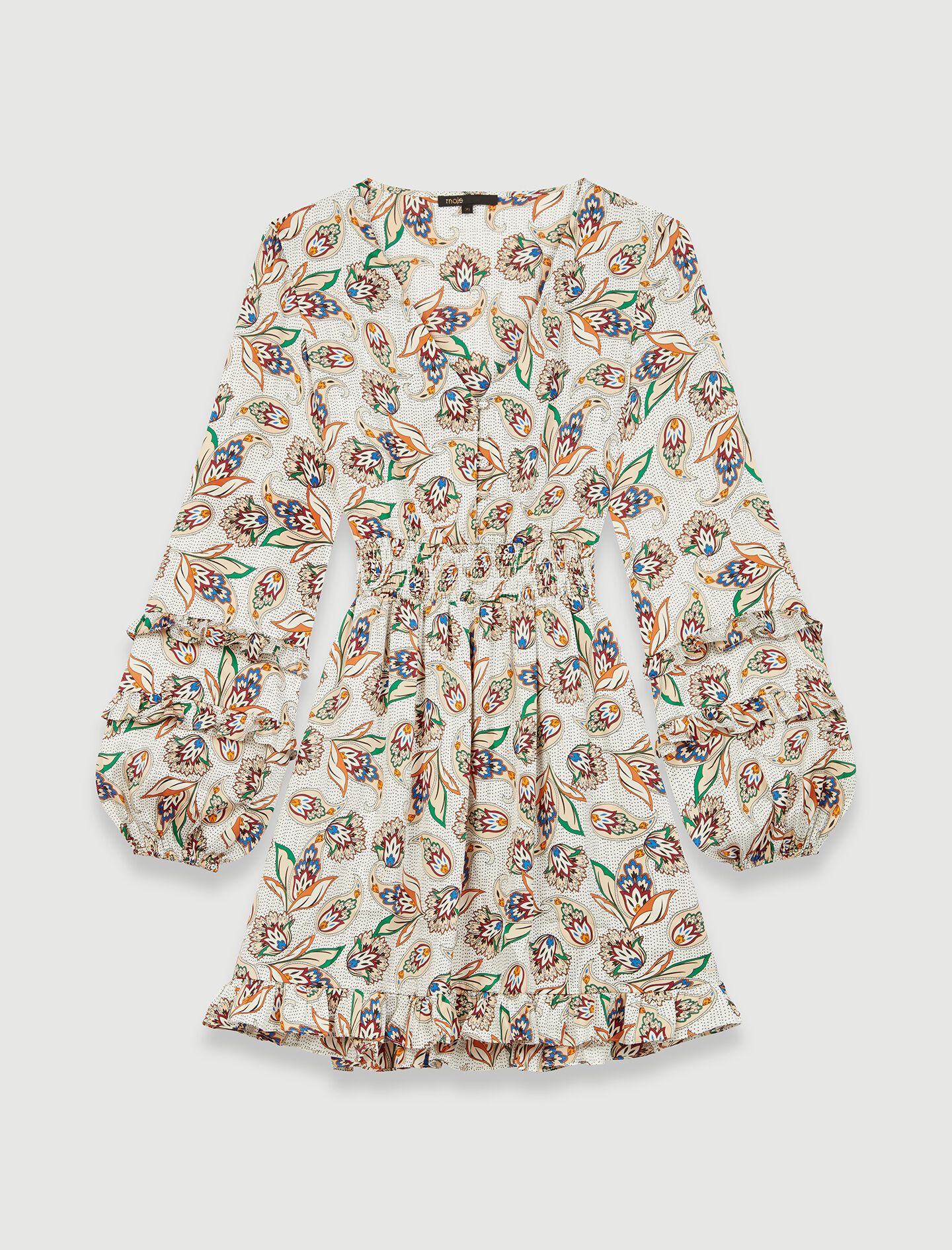 Rochie ecru cu volane din satin și imprimeu paisley