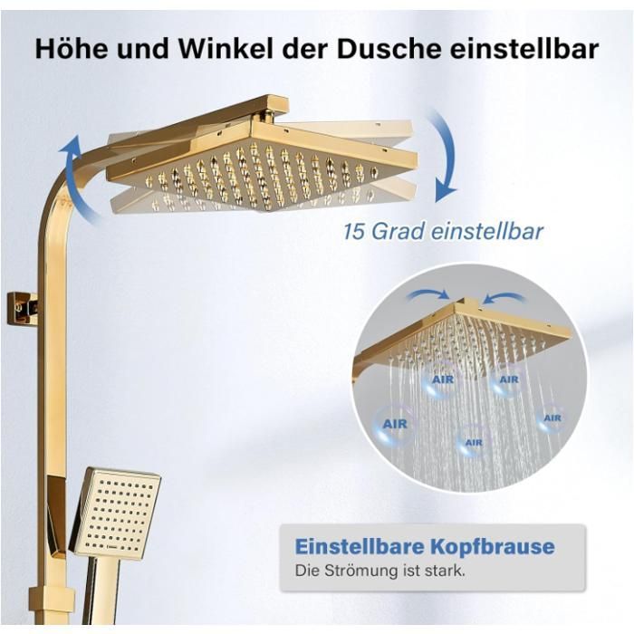 Colonne de Douche Ensemble de Douche, Set de Douche en Laiton,Douche de Pluie 20x20cm et Barre de Hauteur Ajustable, Doré
