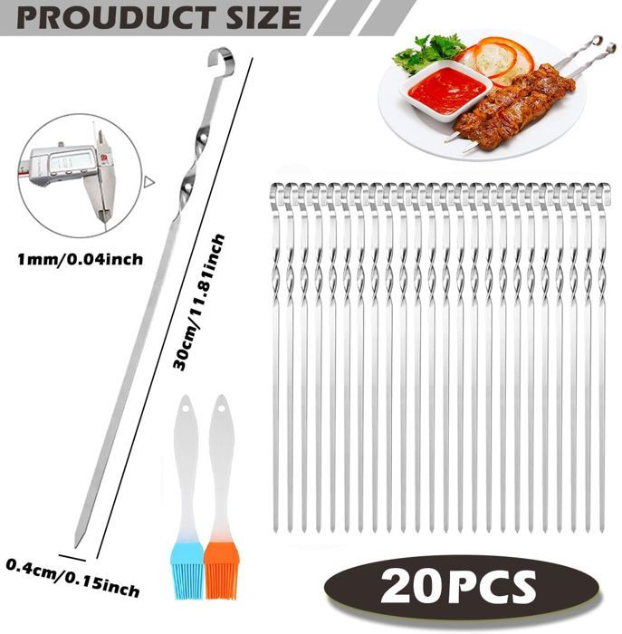 Lot de 20 Brochettes pour Barbecue en Acier Inoxydable - 30cm avec 2 Pinceaux à Huile - Réutilisables Accessoire Barbecue