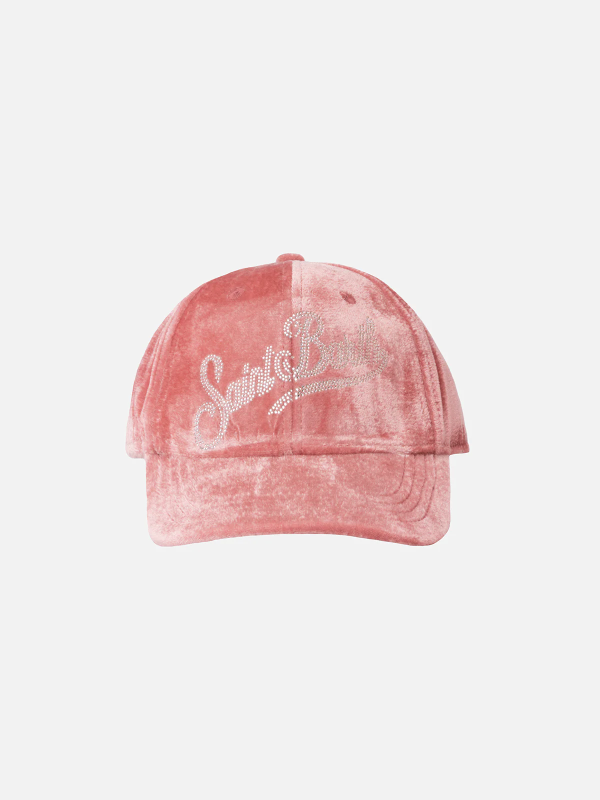 Roze fluwelen baseballpet met logo van strass-steentjes
