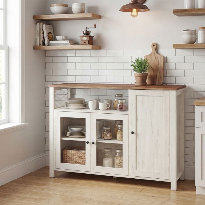 Aparador de cocina con 3 puertas, para comedor o salón, estilo rústico, 110 x 33 x 75 cm, marrón y blanco.