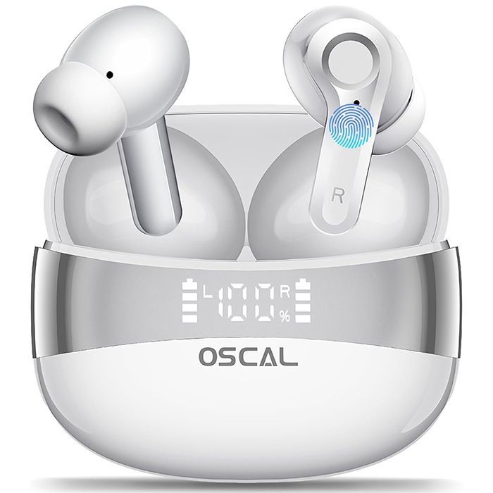 OSCAL HiBuds 6 — Écouteurs sans fil Bluetooth 5.3 IPX7, 30h autonomie, 400mAh, intra-auriculaires blancs