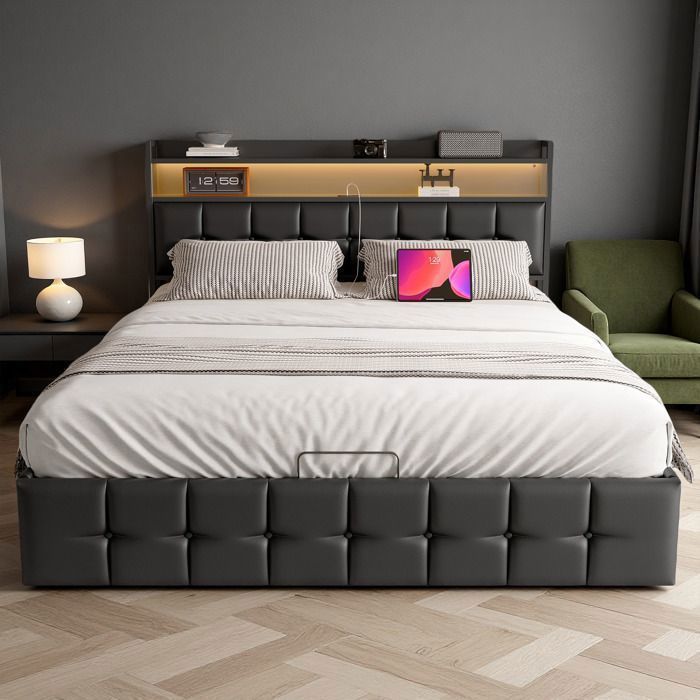 Seng med opbevaring 140x190 cm, USB, RGB LED, PU-stof, dobbeltsengstel, voksenseng, sort