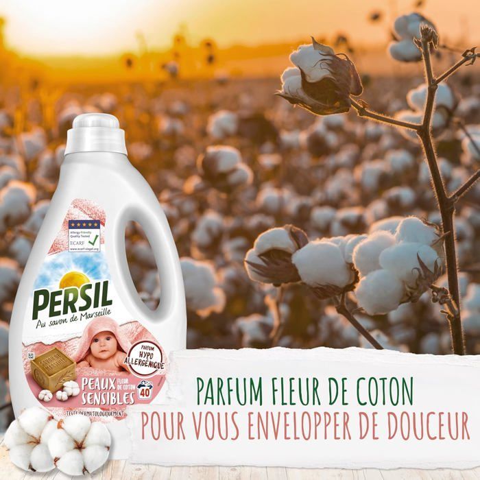 Lessive Liquide Sensibles Parfum hypoallergénique Fleur de Coton pour respecter les peaux fragiles Savon de Marseille 43 Lavages