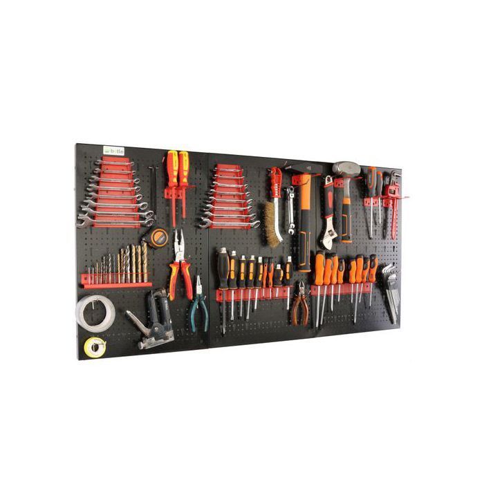 Tablero perforado de metal - BOTELLA - 120 x 60 cm - 25 piezas - Soportes y ganchos incluidos - Negro y rojo