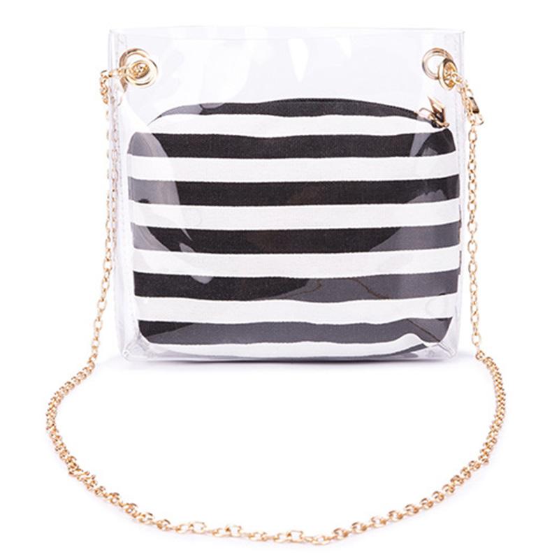 Sac bandoulière femme en composite avec chaîne métallique et portefeuille rayé