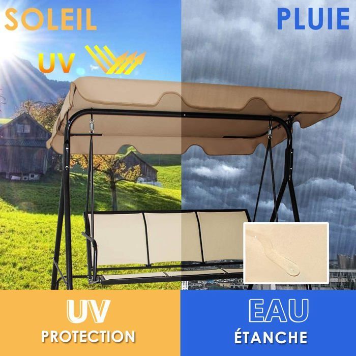 Altalena da giardino a 3 posti COSTWAY in poliestere e acciaio con tettuccio regolabile resistente ai raggi UV per balcone e terrazzo, 170 x 110 x 150 cm.