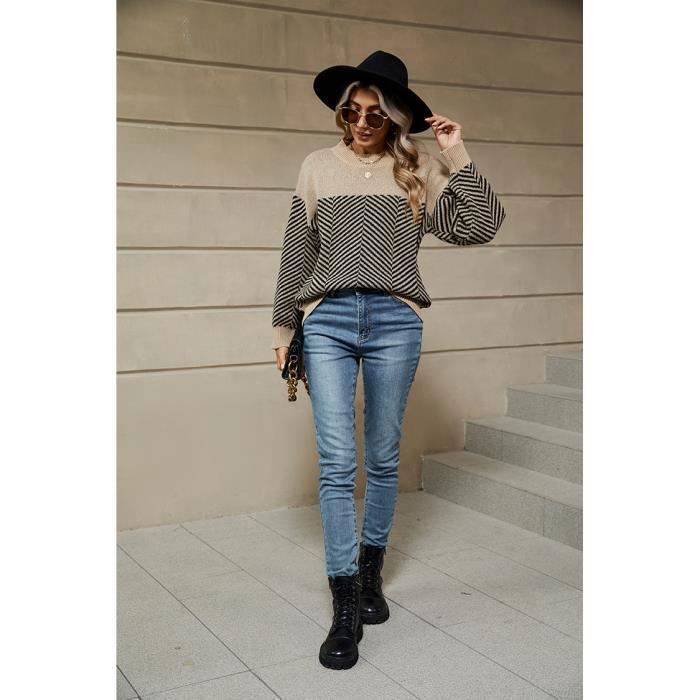 Gestreifter Damen-Strickpullover für Herbst/Winter, lange Ärmel, Rundhalsausschnitt – Khaki – INSFITY – Damen – Erwachsene