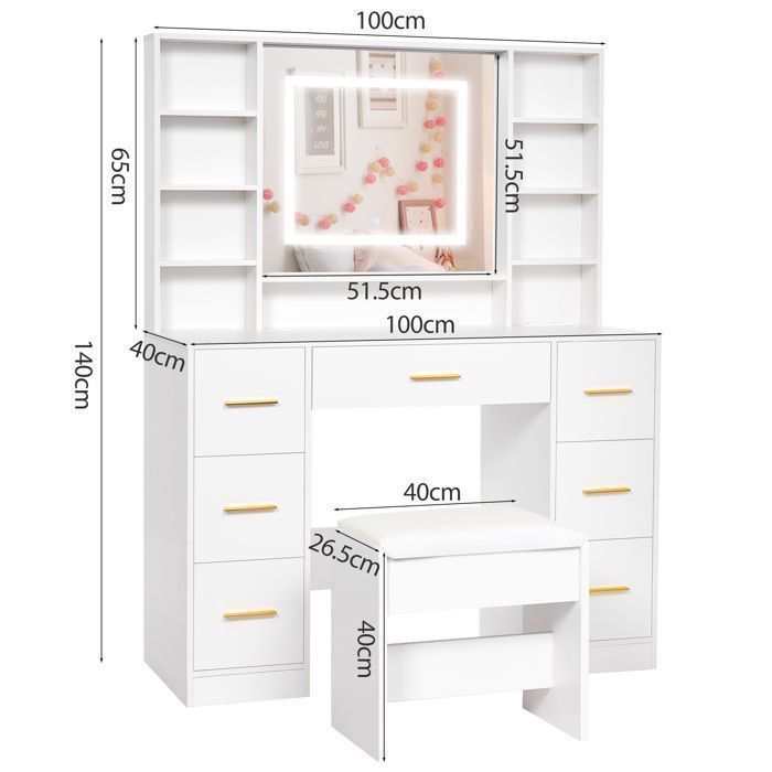Coiffeuse Grande avec Miroir et Tabouret, LED Réglable, Prise et Port USB, 7 Tiroirs de Rangement, Blanc