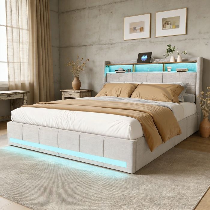 Bedframe - SUNFECILI - 140x190 cm - 4 lades - USB - LED - Linnen stof