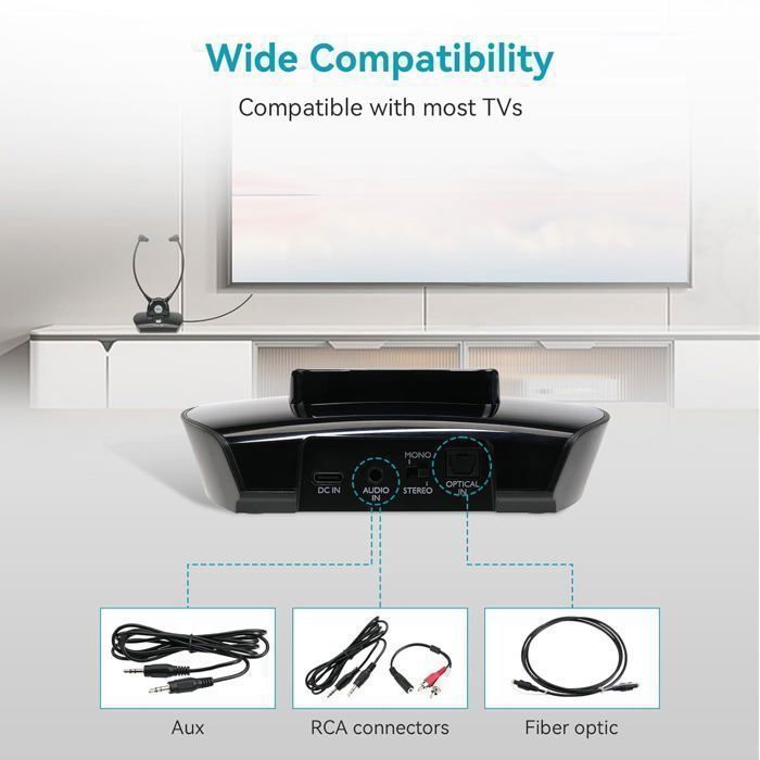 Cuffie TV wireless Retekess TA008, confezione da 2 auricolari, bassa latenza 2.4G, ausilio acustico, adatte a famiglie di mezza età e anziani