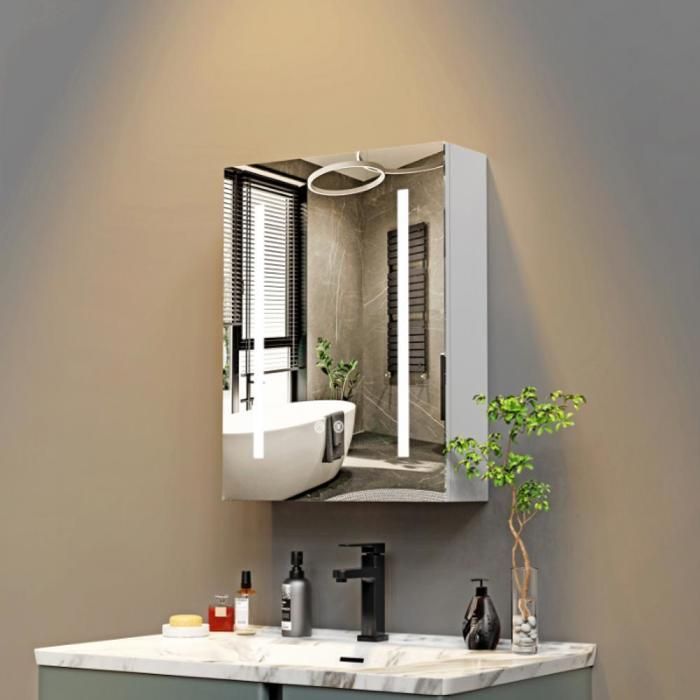 MIPAN. Armario con espejo para baño - Con almacenamiento + espejo + LED - Blanco. Armario de baño de pared - 80 x 60 x 15 cm