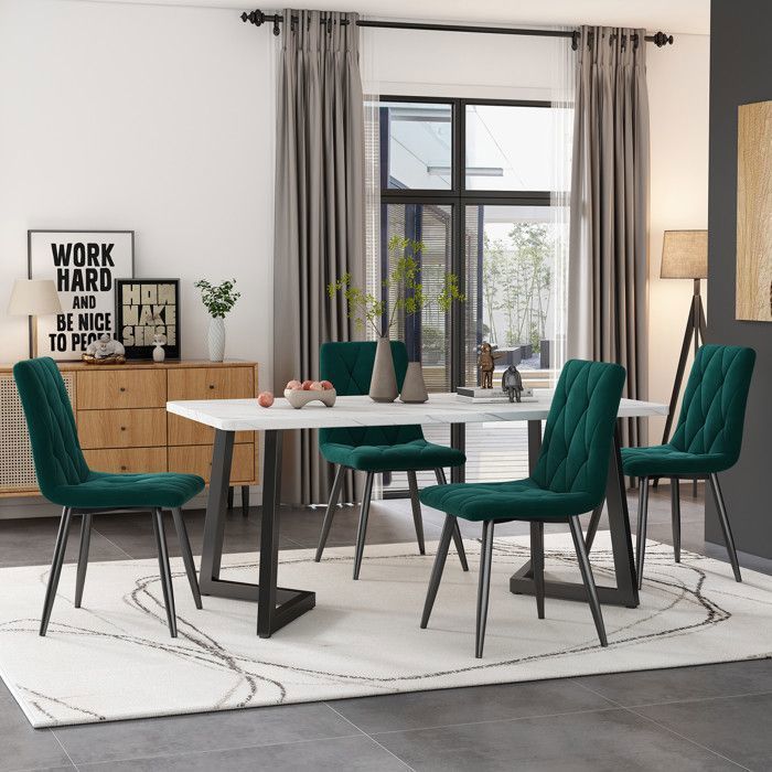 Juego de mesa de comedor de 117×68 cm con 4 sillas - Juego moderno de mesa y sillas para cocina/sala de estar - Sillas de terciopelo verde oscuro
