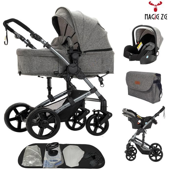 MagicZC Stroller, 3-in-1 Travel System, for 0-3 Years, Convertible Carrycot, 3-in-1, Reclining Position, Car Seat, Grey