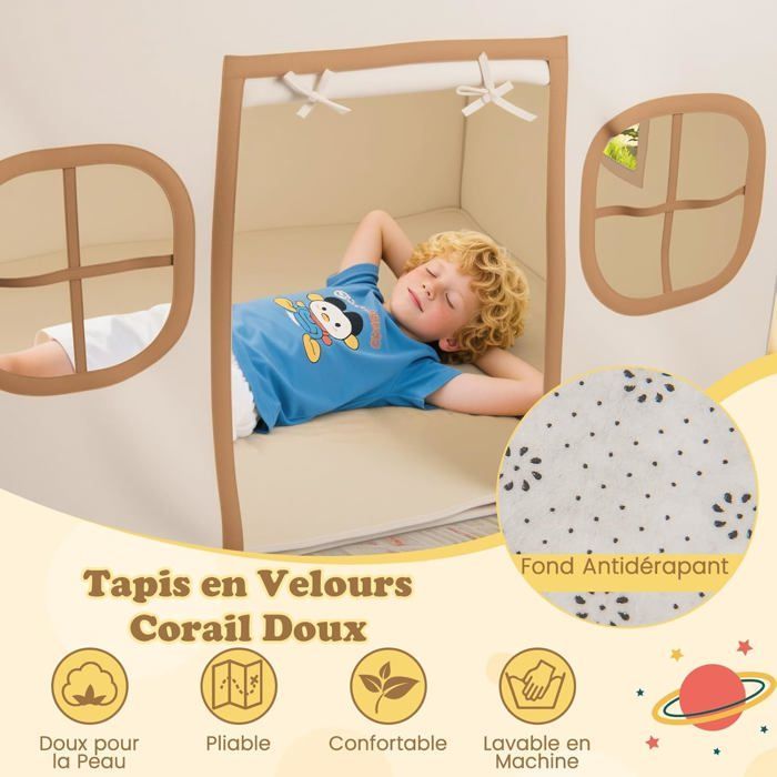 COSTWAY Tente de Jeux Enfant avec 4 Fenêtres et Guirlandes Lumineuses Étoiles, Tapis Antidérapant et Coton Lavable, 3-10 Ans Gris