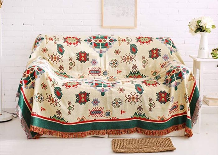 Colcha, manta o cubrecama de algodón, estilo bohemio, con diferentes estampados geométricos en ambos lados, para sofá.
