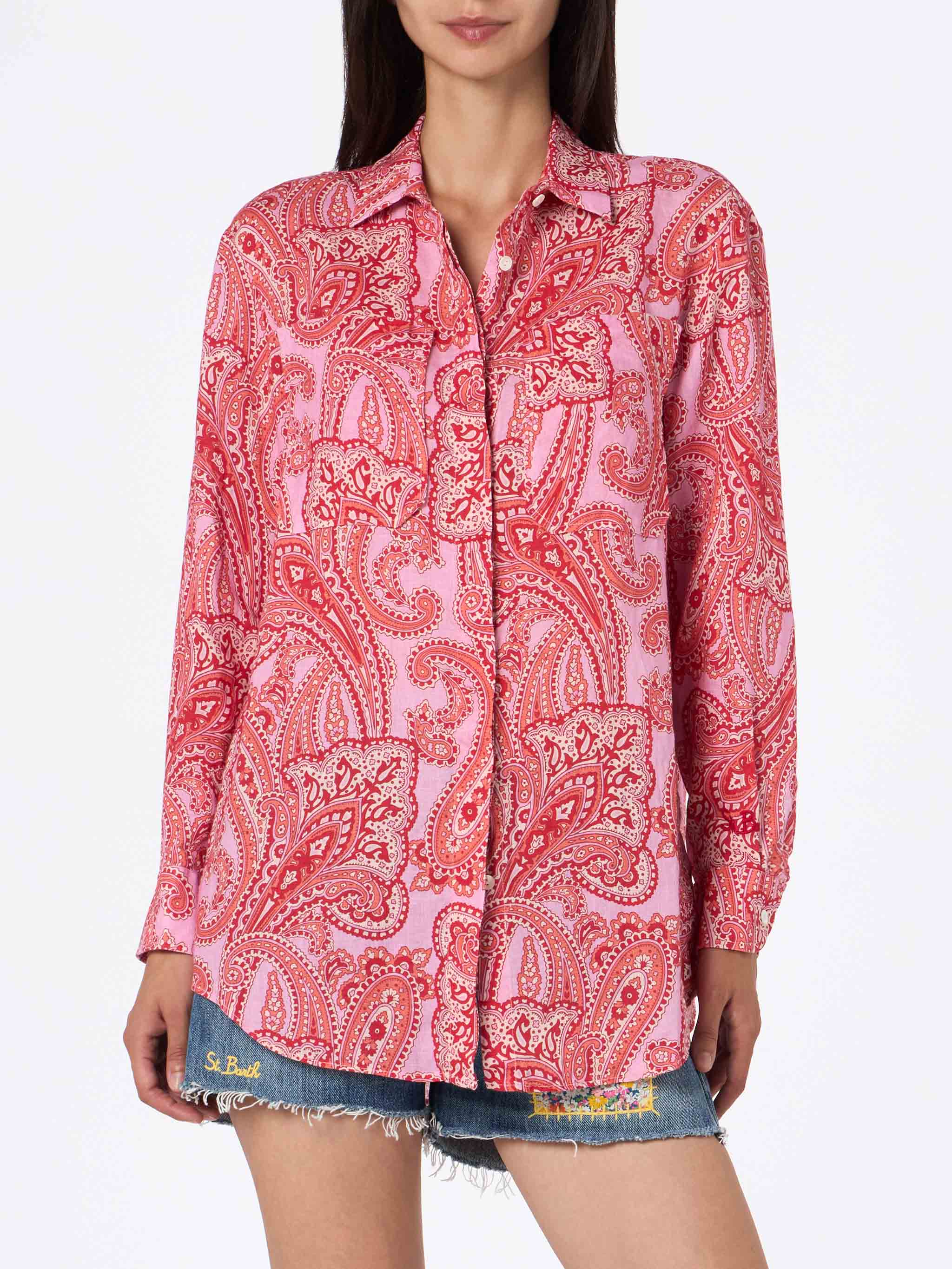 Alodie damesblouse van linnen met paisleyprint en zakken
