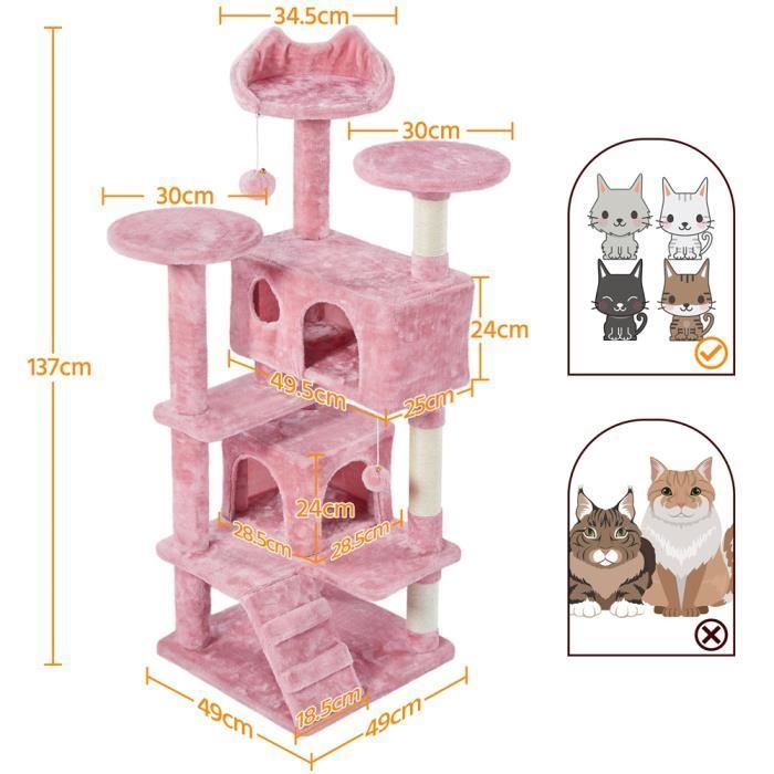 Arbre à Chat Rose - Yaheetech - Hauteur 138,5cm - 2 Niches 3 Plateformes 2 Boules Sisal Naturel - Arbre à Grimper Multi- 3-4 Chats