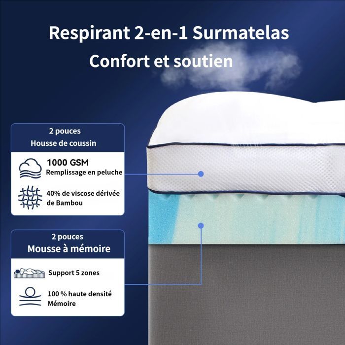 Memory foam mattress topper - NicePlus - 140 x 200 cm - 10 cm thick - Breathable bamboo cover