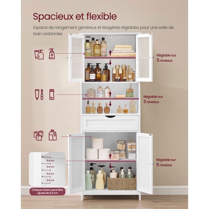Mueble de baño VASAGLE con columna, estantes ajustables, cajón y compartimentos abiertos, color blanco nube.