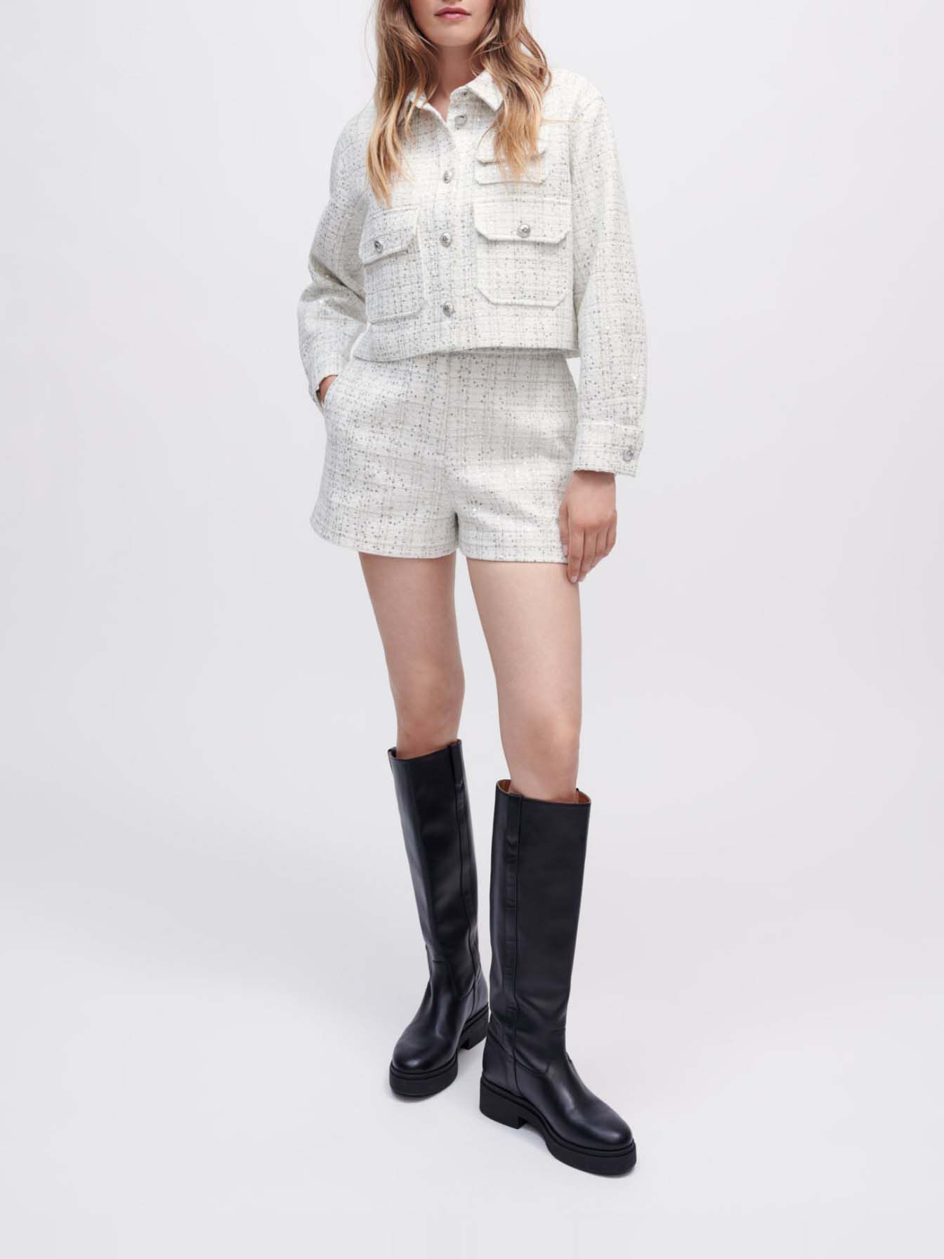 Pantaloni scurți din tweed brut cu paiete - Alb