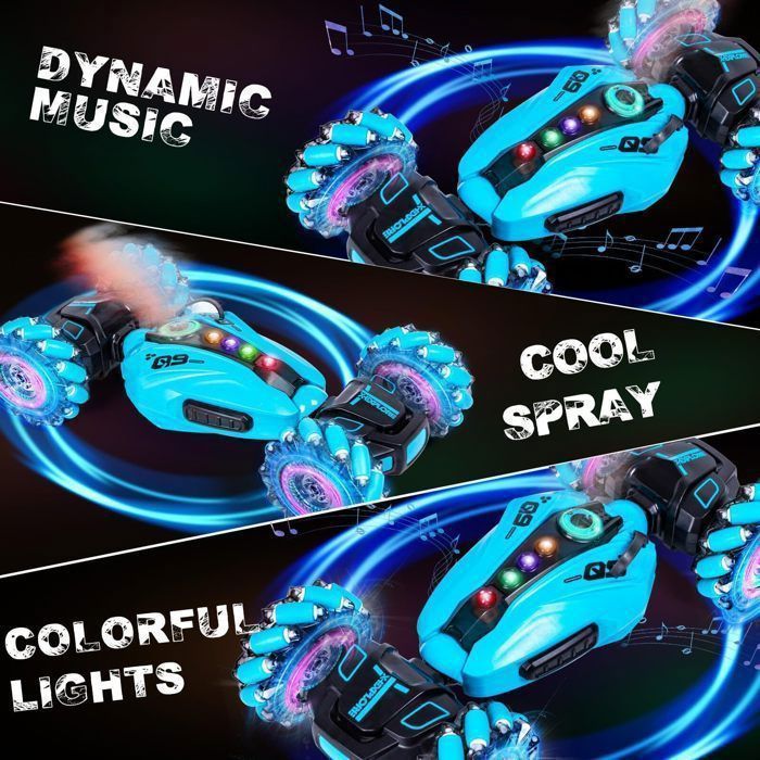 Coche todoterreno controlado por gestos: rotación de 360° con pulverizador, luces LED y música. Juguete para niños de 6 a 12 años.