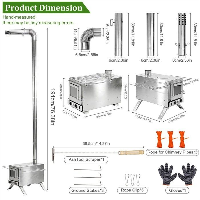 Poêle à Bois Portable - Poêle à Bois Pliable en Acier Inoxydable - Complet avec 7 Tuyaux et 1 Coude - 32.5x33.5x210cm