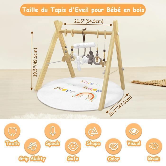 Tapis d'Éveil et d'Activités Douceur Transportable pour bébé en Bois, Coussin et 8 Jouets Amovibles, Ultra-Doux