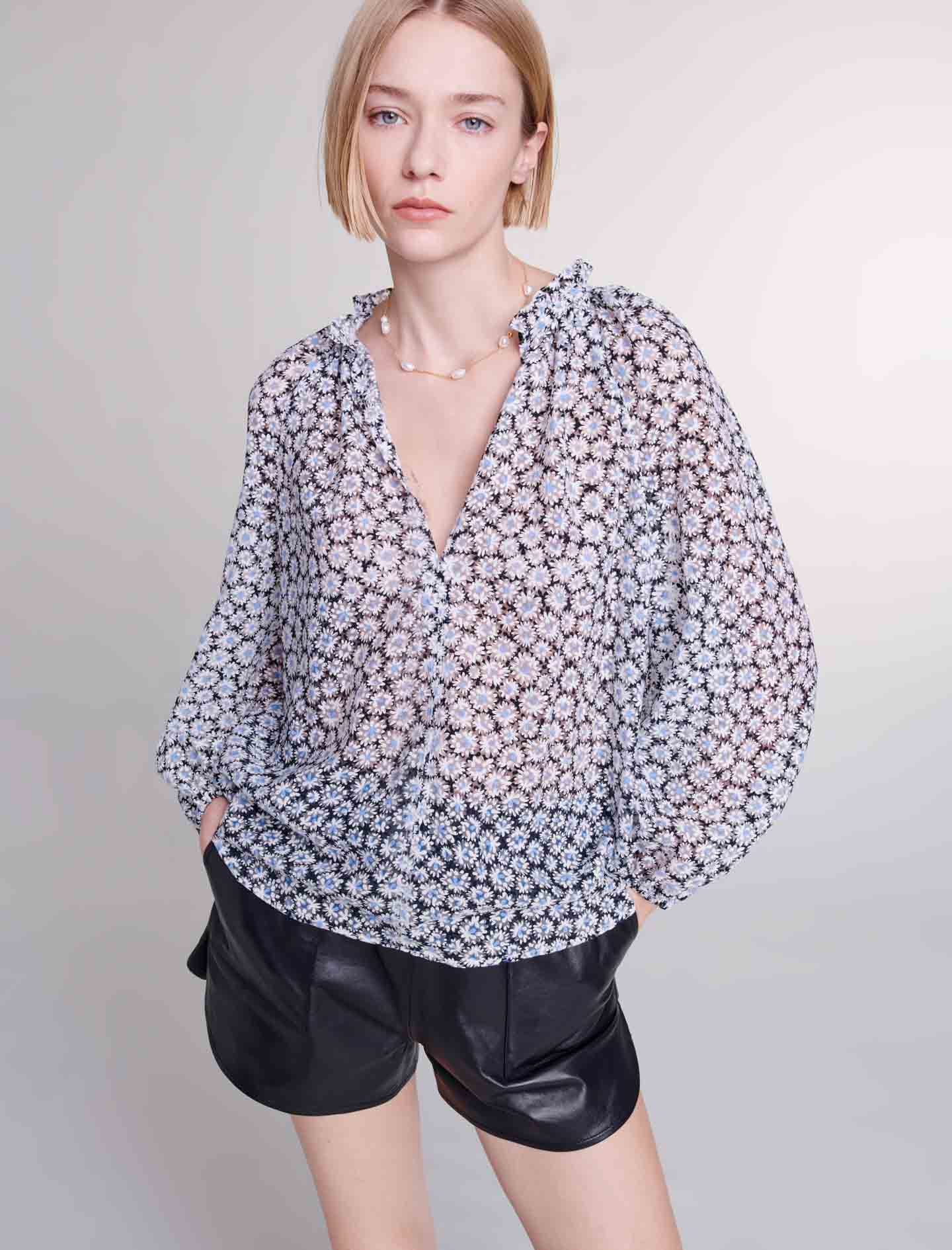 Blouse met bloemenprint-Imprimé marguerite bleu