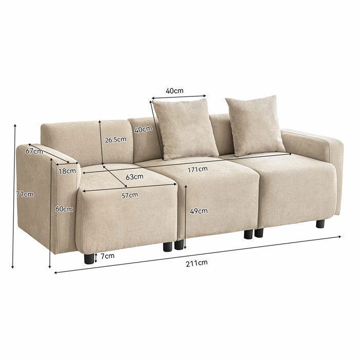 Canape droit design moderne meuble rembourré 3 places avec coussins décoratifs canapé de salon Beige