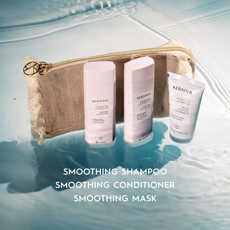 Kit de alisamento KERASILK Essentials para viagem, ideal para alisar os cabelos.