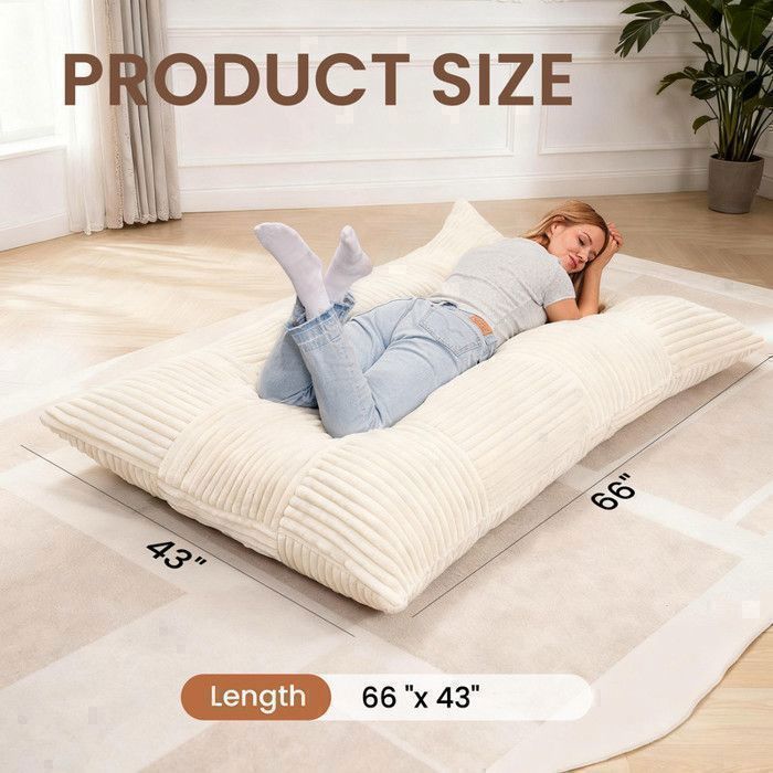 Puff gigante bege 3 em 1 conversível – veludo cotelê, 1 lugar, sofá-cama e cadeira de chão confortável, capa lavável à máquina