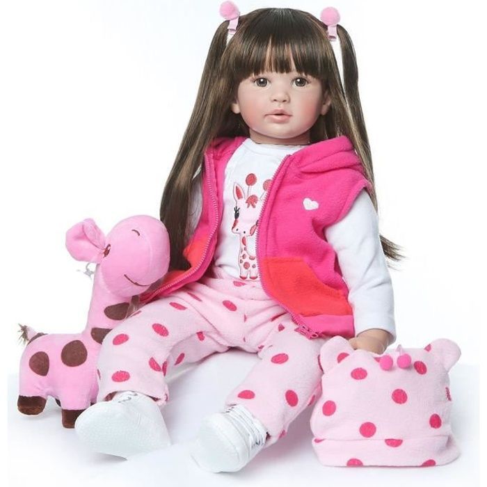 Poupée reborn HZDHCLH fille Silicone cheveux longs 24 pouce 60cm Tenue jupe rose rouge
